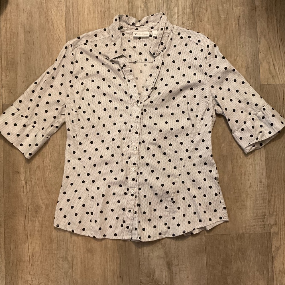New York & Company Polka Dot Quarter Sleeve Collared Button Top XL